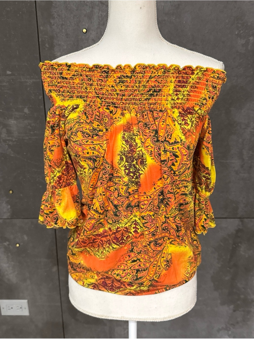 Arden B Off-Shoulder Paisley Top in Orange and Yellow